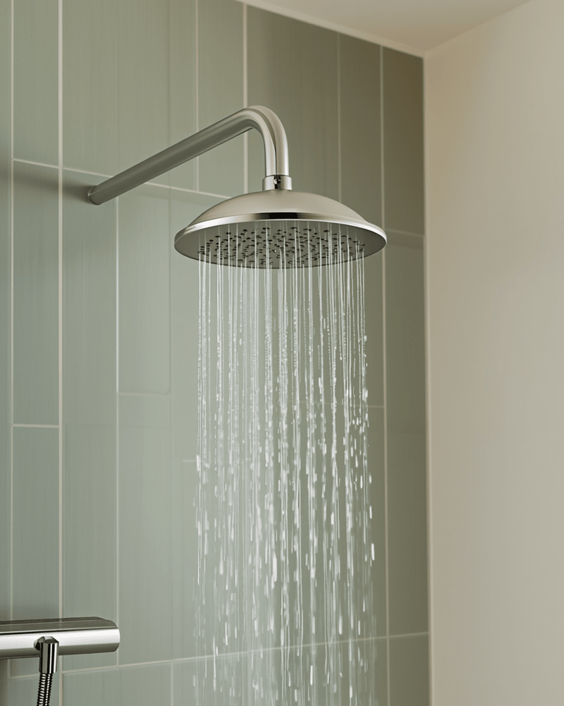 Modern filtered showerhead mounted on a shower wall