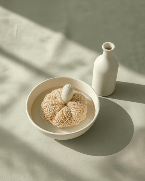 Natural loofah soaking in a bowl with white vinegar bottle nearby