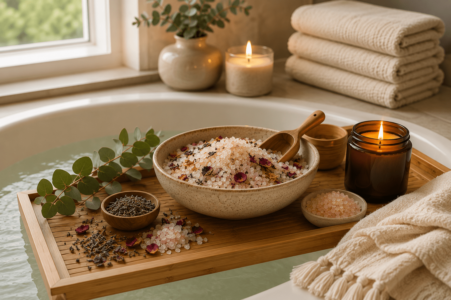 Bowl of mineral bath salts with dried botanicals, eucalyptus, candles, and folded towels beside a warm bath in a spa-inspired bathroom.