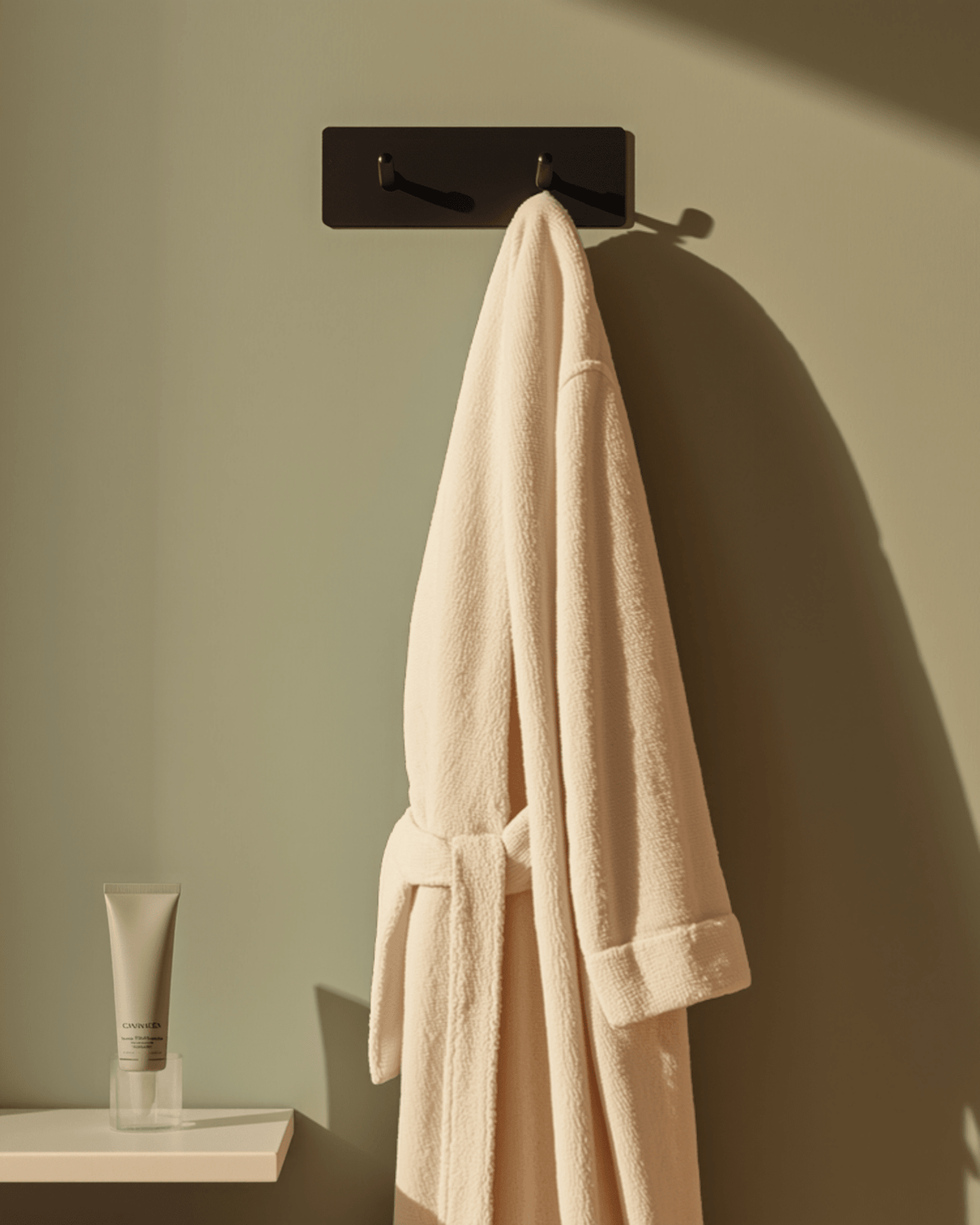 Warm bathrobe hanging next to hand cream on a bathroom shelf