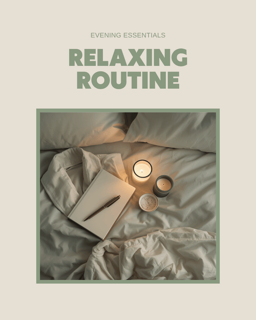 Evening routine essentials flat lay with robe, candle, journal and bath salts