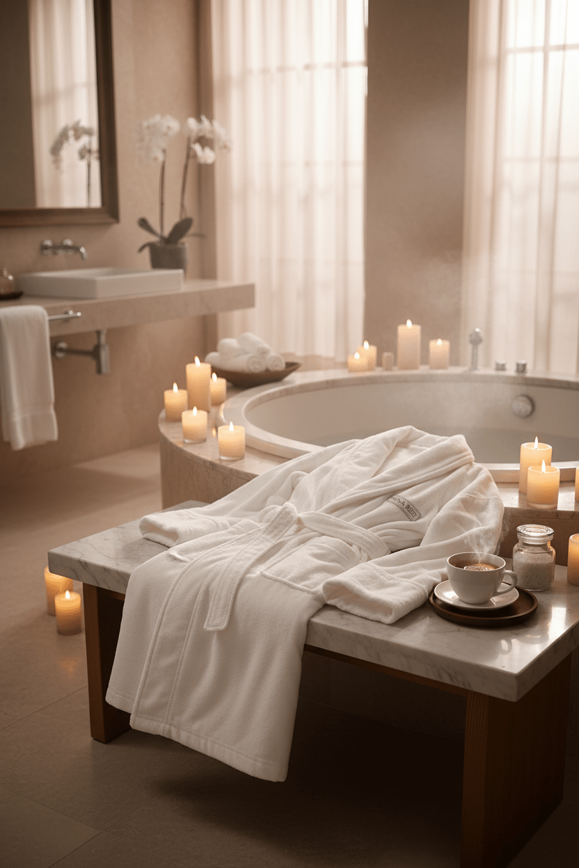 Luxurious premium white plush robe in a softly lit spa-like bathroom setting